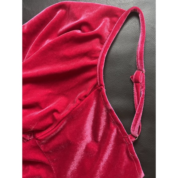 DOUBLE CRAZY Velvet Mini Dress Size M Fuchsia Pink Ruched Cowl Neck Asymmetrical - Picture 12 of 12